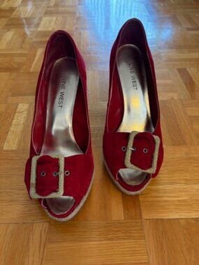 Nine West Red Suede Heels With Buckle Detail, Size 7.5